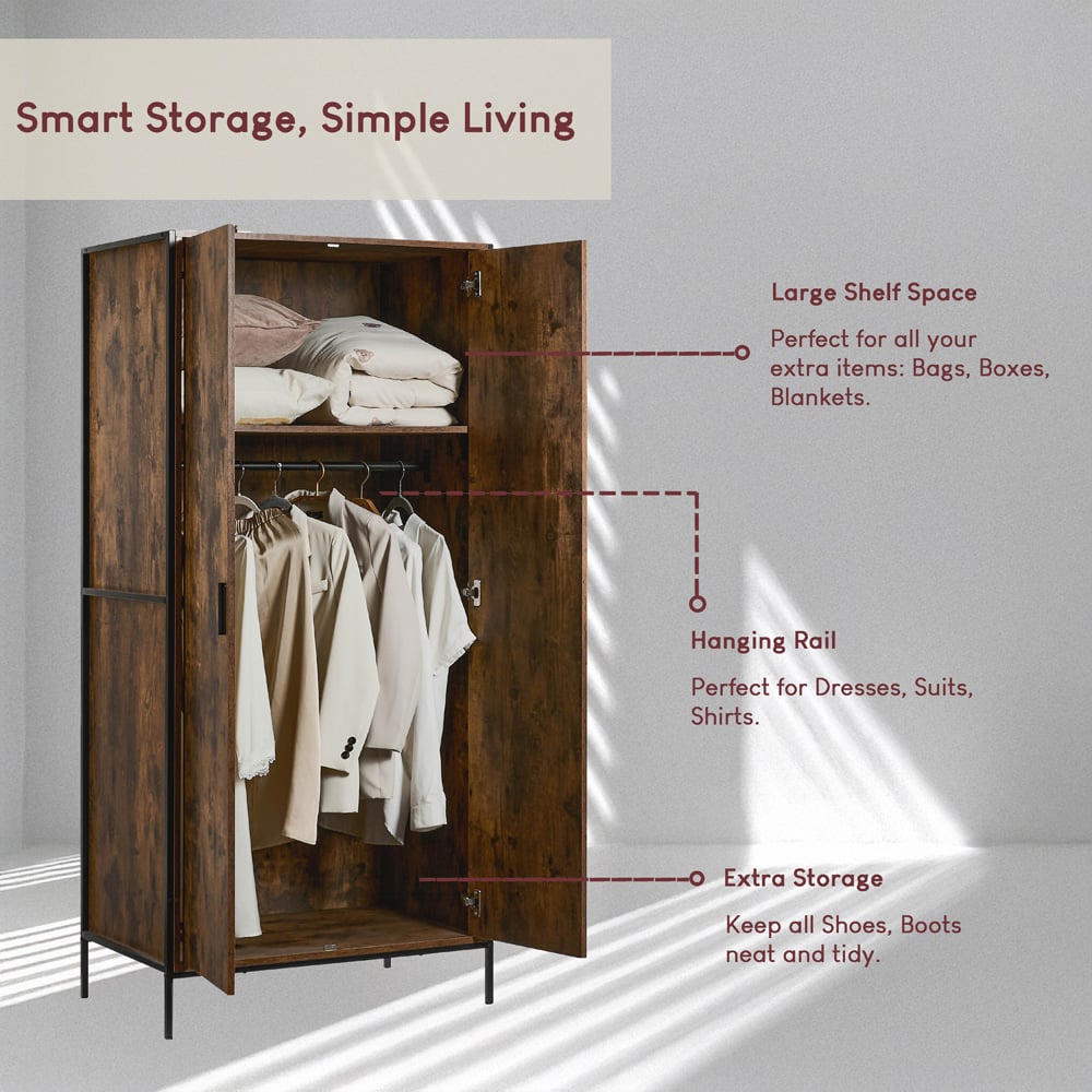 Vida Designs Brooklyn 2 Door Dark Wood Industrial Wardrobe with Hanging Rail and Shelf Image 6