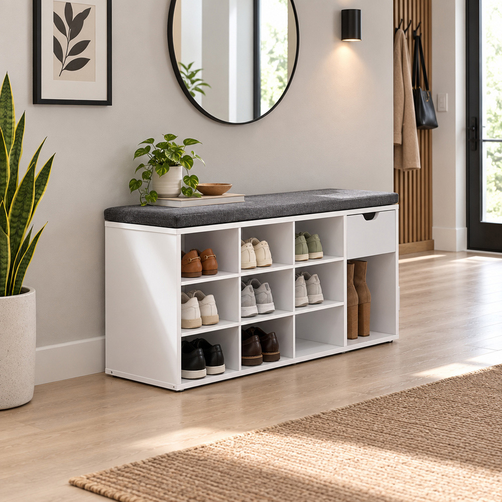 Modcraft Single Drawer 10 Shelf White and Grey Shoe Storage Bench with Cushion Image 7