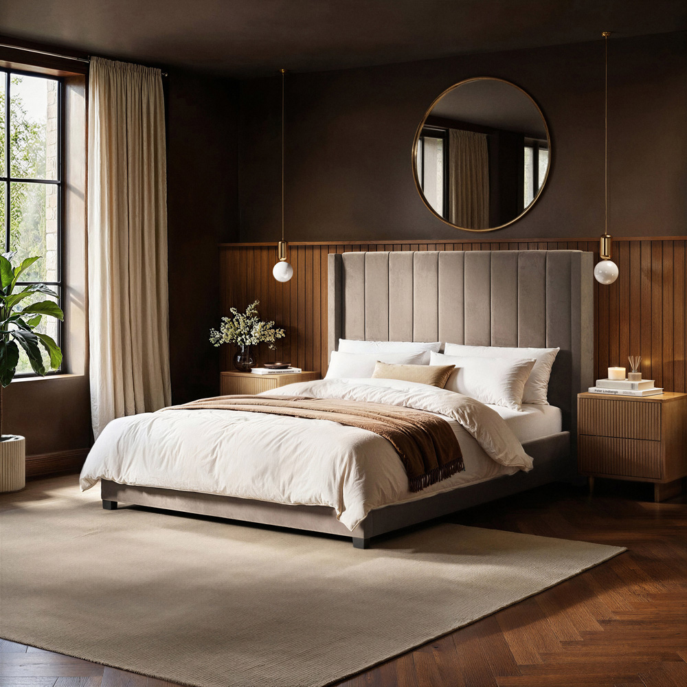 Flair Tiggy King Size Beige Velvet Ottoman Bed with Winged Headboard Image 6