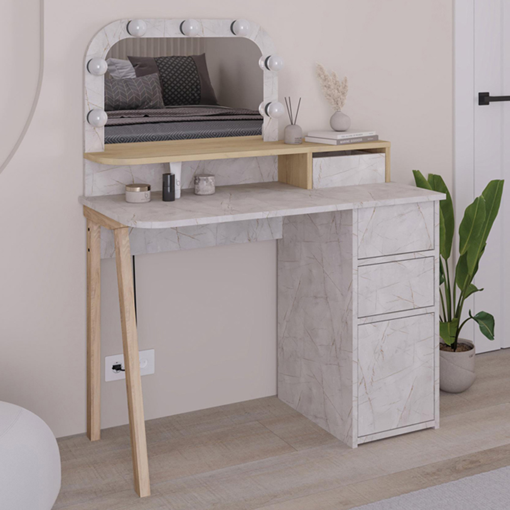 Decortie Avien 3 Drawer Single Door Sapphire Oak Makeup Vanity Table with LED Mirror Image 1