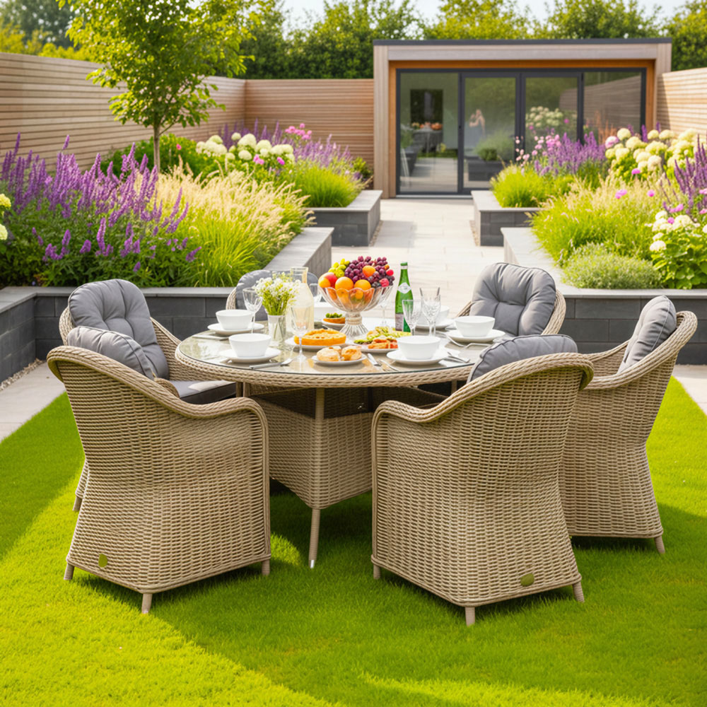 Oseasons Sicilia 6 Seater Sandy Oak Rattan Dining Set Image 1