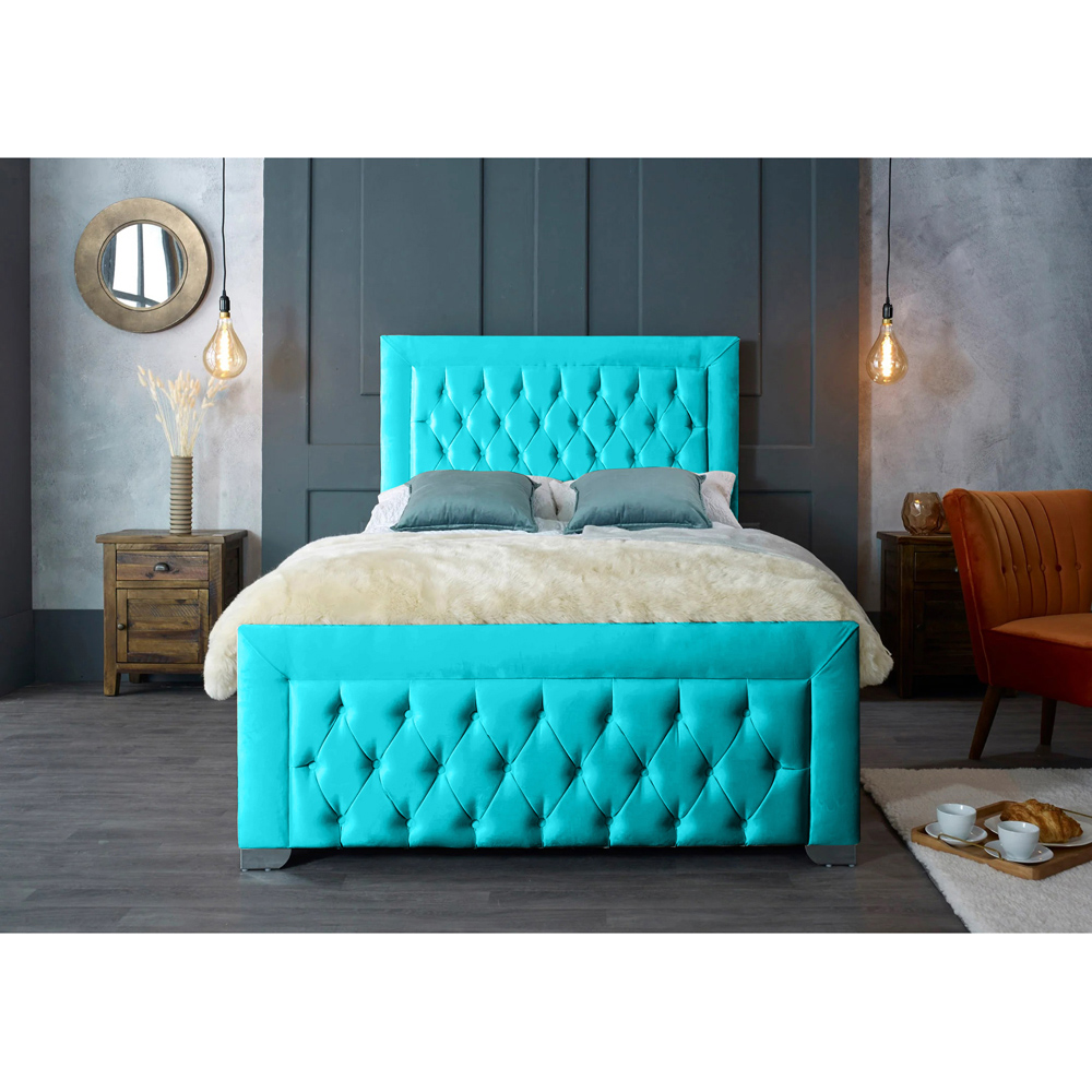 Eleganza Home Gelson King Size Teal Plush Velvet Bed Frame with Chesterfield Headboard Image 3