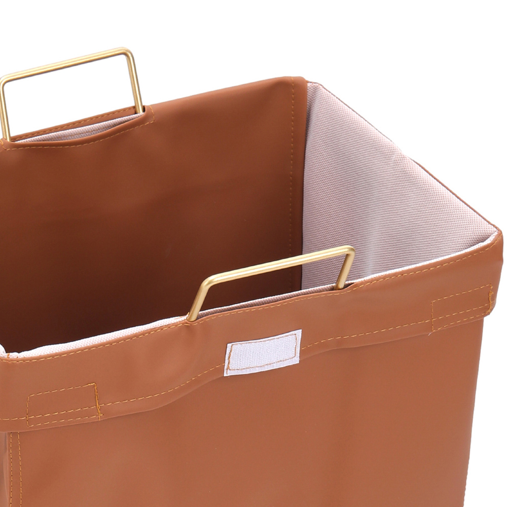 Living and Home Brown Metal Frame PU Leather Collapsible Laundry Basket with Lid Image 5