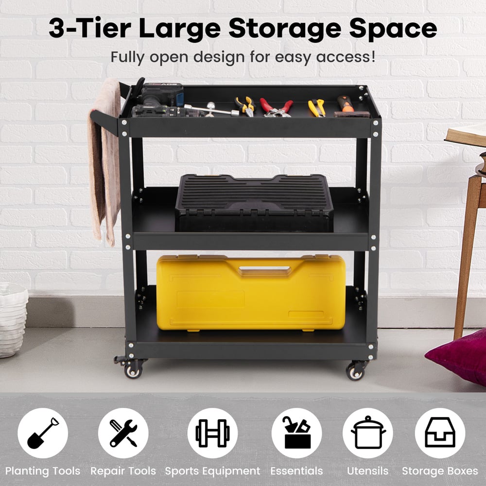 Costway 3 Shelf Black Rolling Service Trolley Image 6