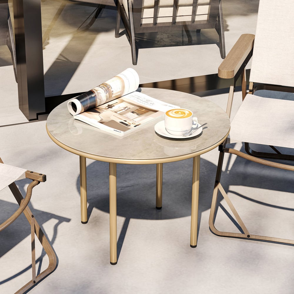 Outsunny Beige Faux Marble Glass Top Round Garden Coffee Table Image 4