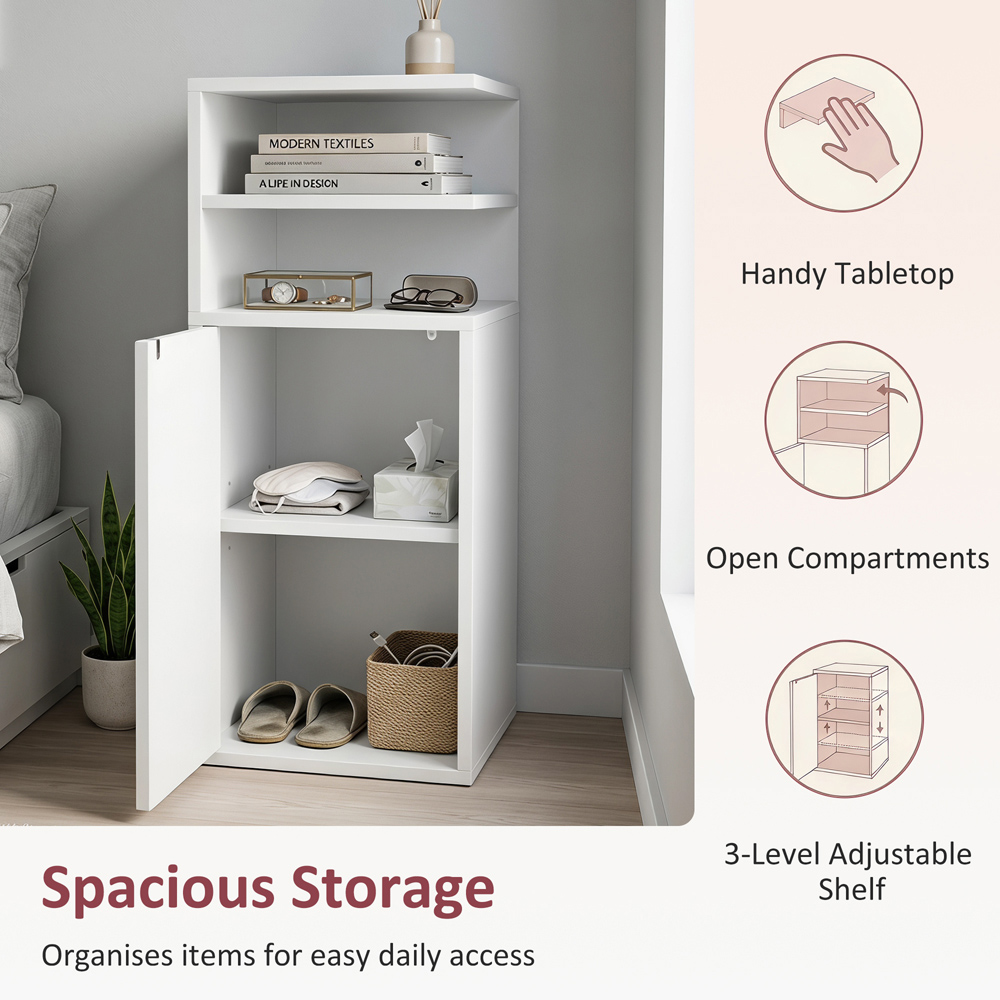 HOMCOM Single Door White Slim Bedside Table with Open Cubbies Set of 2 Image 6