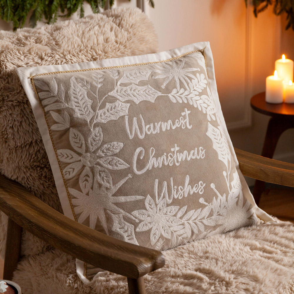 Paoletti Winter Warmest Wishes Embroidered Natural Cotton Cushion 50 x 50cm Image 2