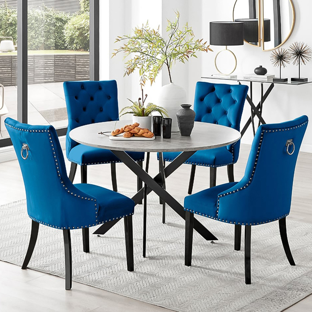 Furniturebox Arona Kensington Concrete Effect 4 Seater Round Dining Set Grey Black and Blue Image 1