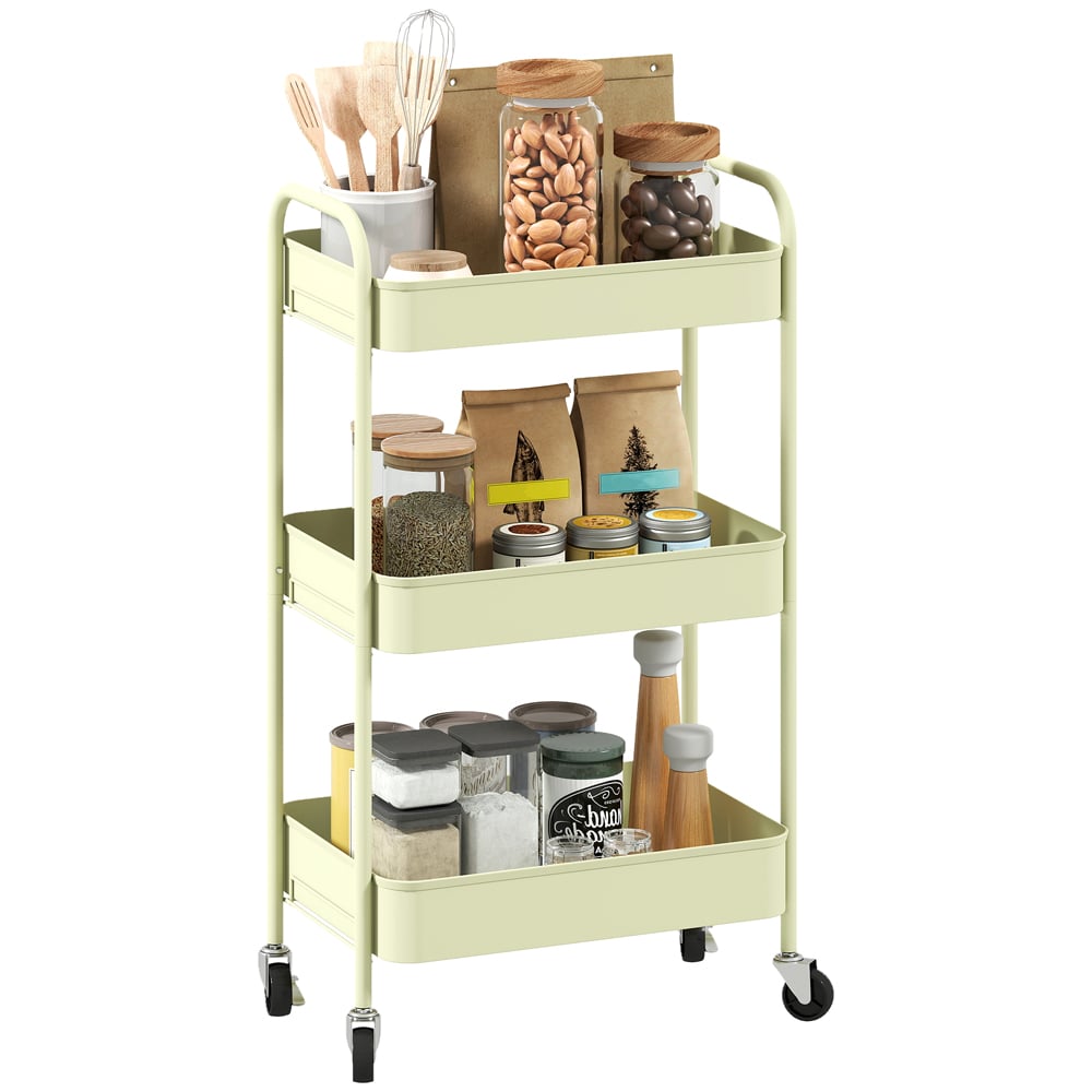 HOMCOM 3-Tier Green Mesh Basket Rolling Utility Cart Image 1