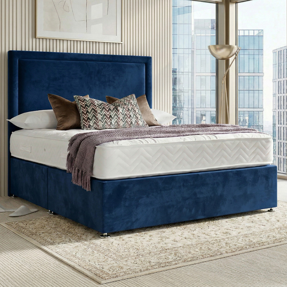 DS Living Velmont Double Dark Blue Plush Divan Bed Image 1