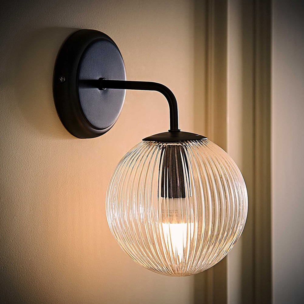 ValueLights Kempton Ribbed Globe Shade Matte Black Wall Lights with Bulbs Image 2