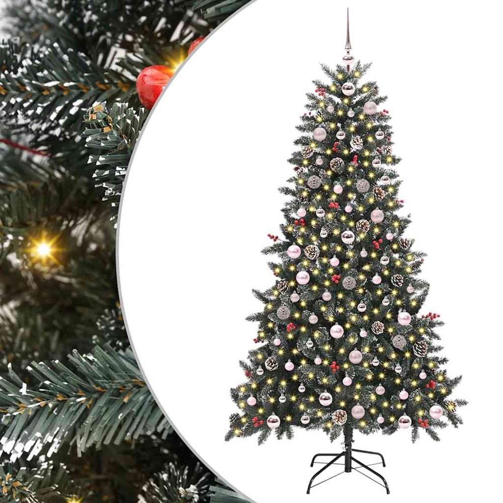 vidaXL Pre-Lit Pink Baubles and Pinecones Green Artificial Snow Tipped Christmas Tree 6ft Image 2
