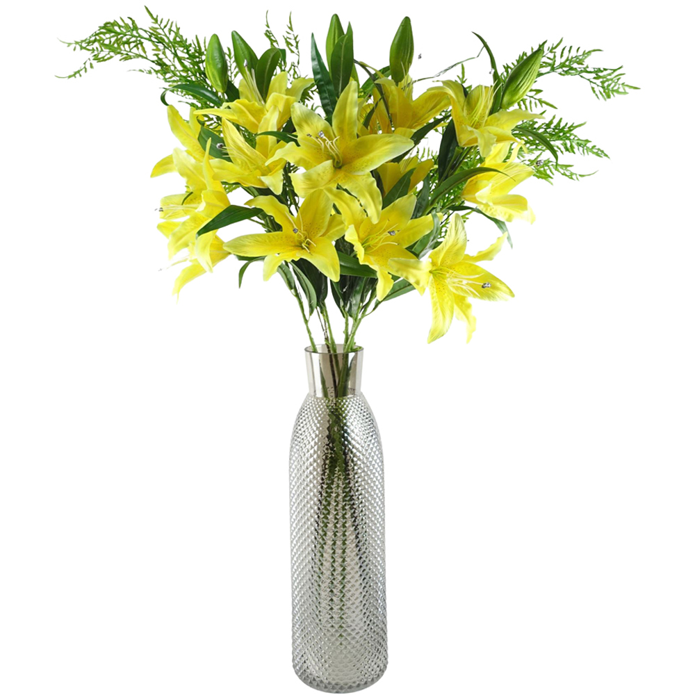 Leaf Yellow Lily and Fern Artificial Flower Bundle with Glass Vase 100cm 8 Pack Image 1