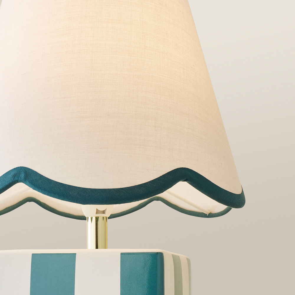 ValueLights Evie Sage Green Trim Linen Scallop Shade Cube Checkered Ceramic LED Table Lamp Image 3