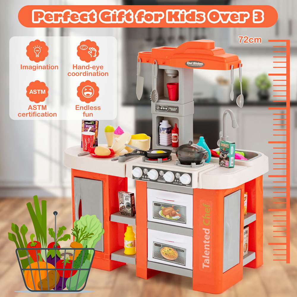 Costway Orange Kids Kitchen Play Set with Lights 67 Piece Image 6