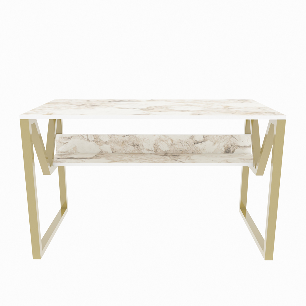 Decorotika Lona Single Shelf Study and Writing Desk White Marble Effect and Gold Image 3
