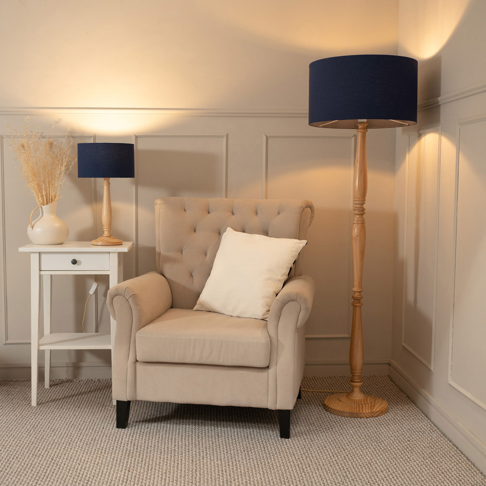 ValueLights Victoria Navy Blue Fabric Drum Shade Light Wood Traditional Stem LED Floor Lamp Image 4