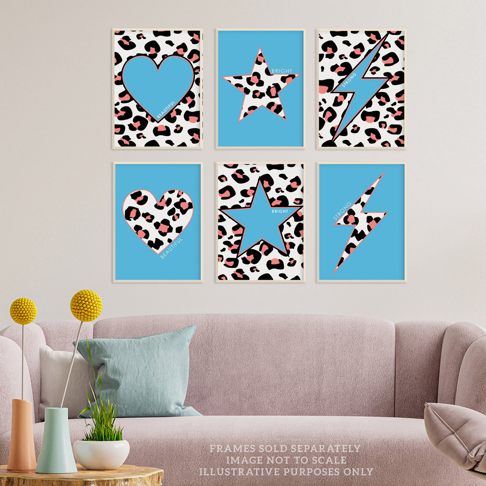 Wee Blue Coo Blue and Pink Leopard Pattern Bold Shapes Wall Art Print 30 x 41cm 6 Pack Image 2