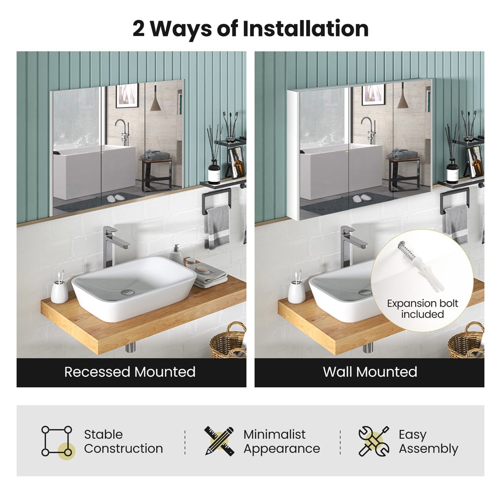 Costway 3 Door White Frameless Wall Mounted Mirror Bathroom Cabinet Image 6