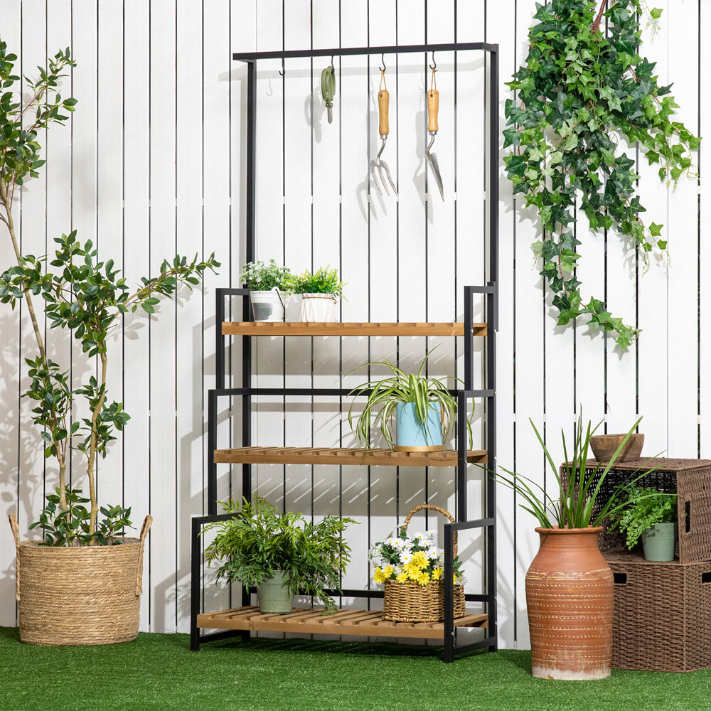 Outsunny 3-Tier Wood and Metal Plant Stand with Top Hooks Image 2