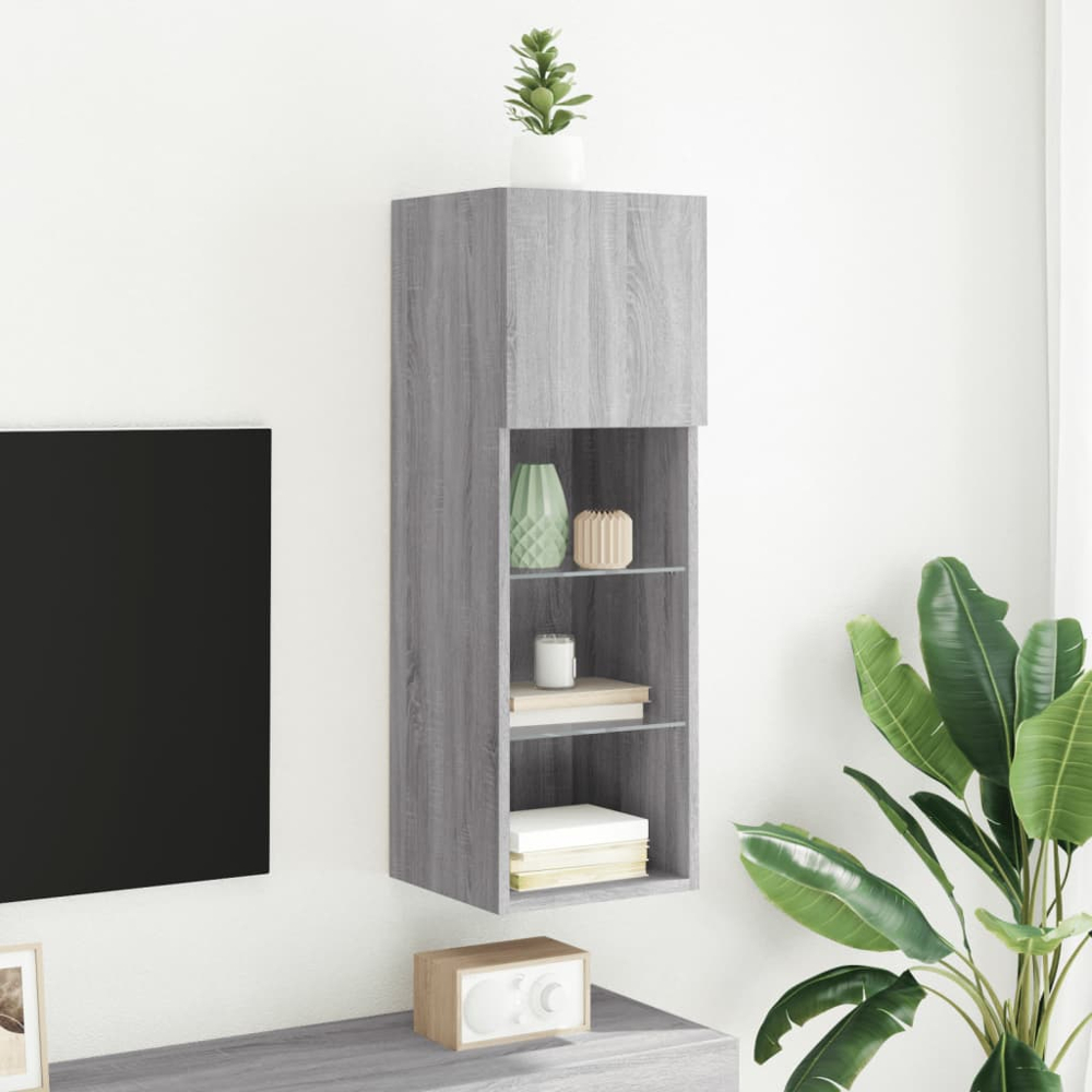 vidaXL Single Door 3 Shelf Grey Sonoma Small TV Cabinet with LED Lights Image 6