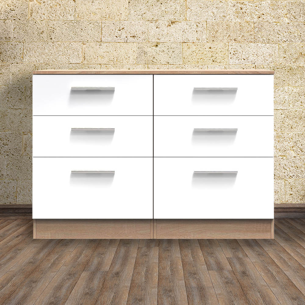 Crowndale Contrast 6 Drawer White Gloss and Bardolino Oak Midi Chest of Drawers Image 1