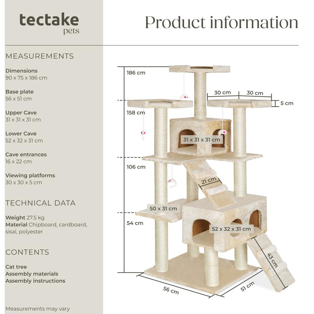 tectake Knuti Beige Cat Tree with Scratching Post 186cm Image 9