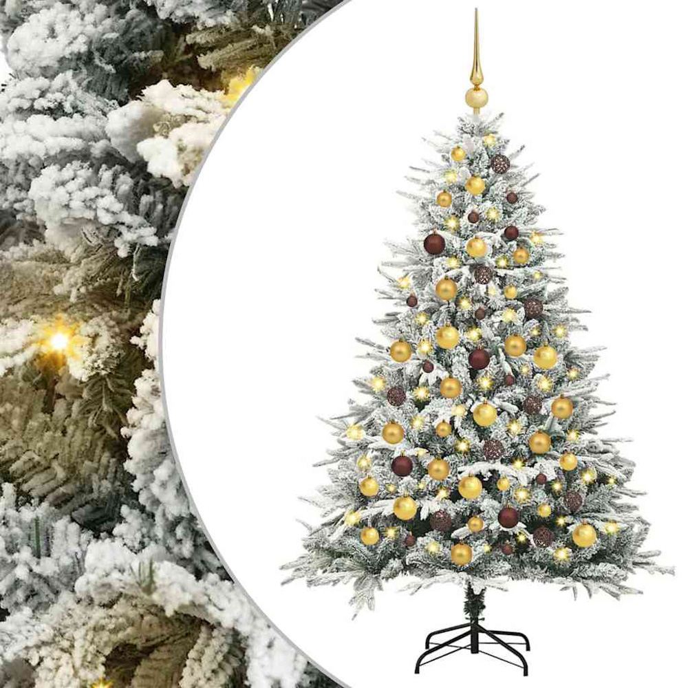 vidaXL 300 LED Pre-Lit Gold and Bronze Baubles Green Artificial Snow Flocked Christmas Tree 6ft Image 2