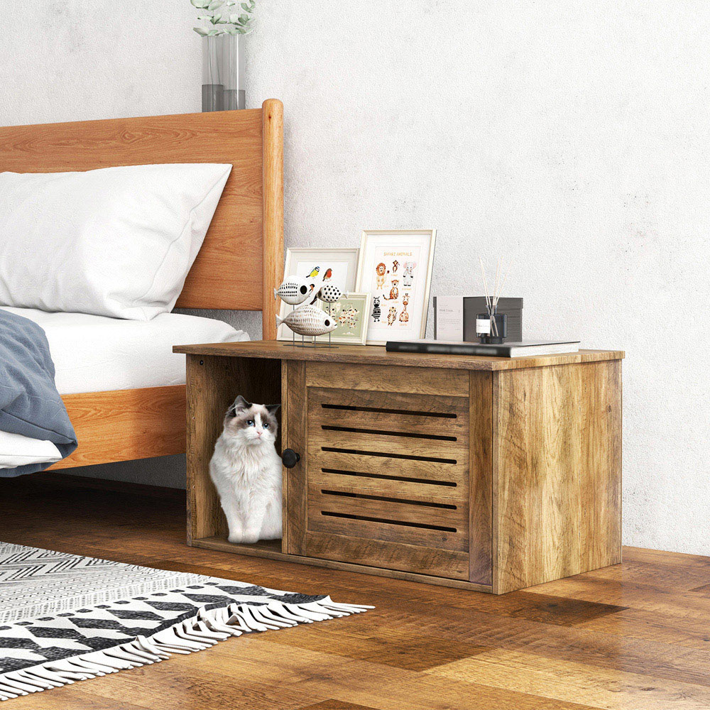 Costway Oak Cat Litter Box with Washroom Image 2