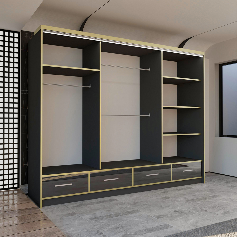M N Furniture Silora 3 Door 4 Drawer Black and Gold High Gloss Mirrored Sliding Wardrobe 253cm Image 3