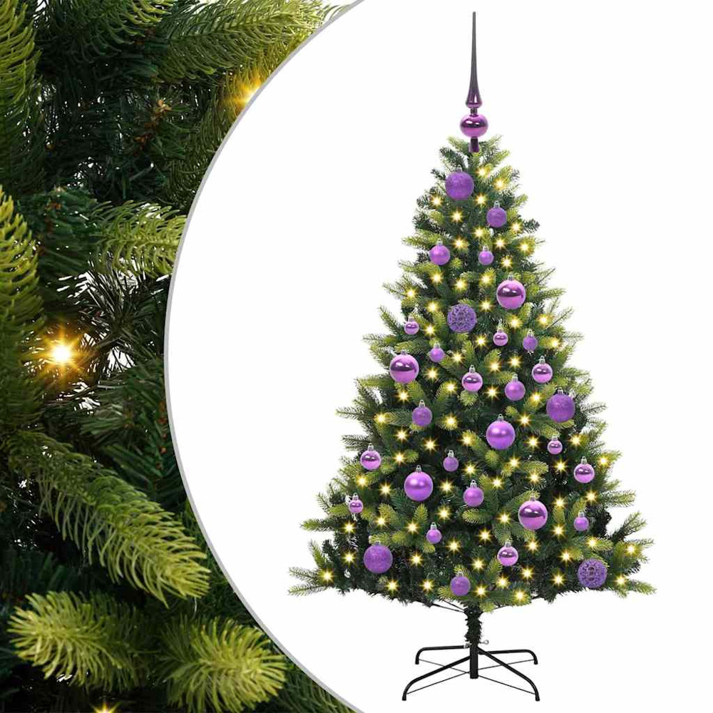 vidaXL Pre-Lit Lilac Baubles Green Artificial Hinged Christmas Tree 4ft Image 2