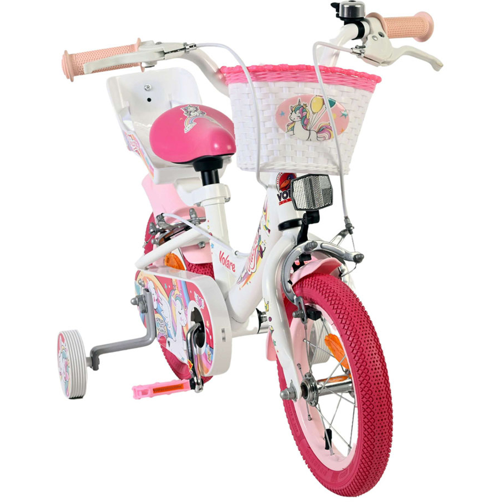 Volare Unicorn Kids 12 inch White and Pink Bike with Stabilisers Doll Seat and Basket Image 2