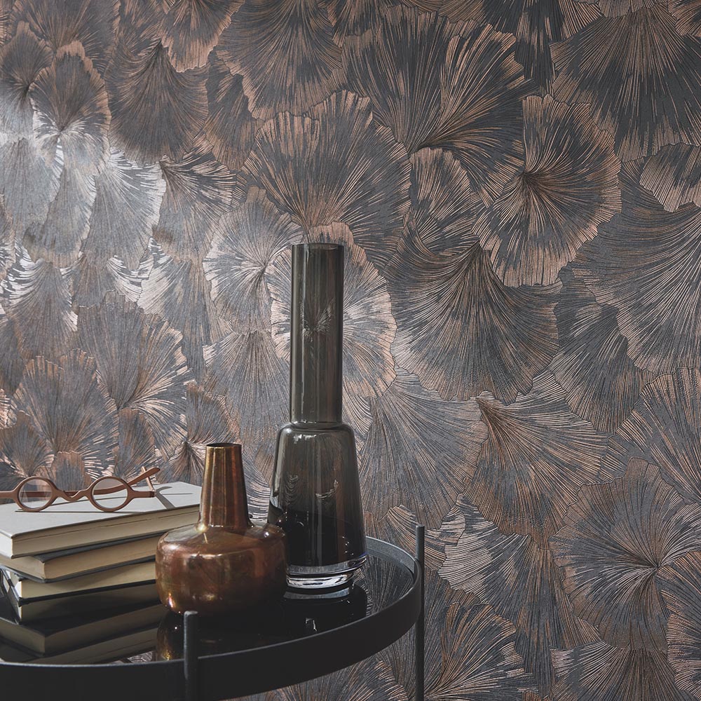 Erismann Stunning Ginkgo Flower Grey and Copper Vinyl Wallpaper Image 4
