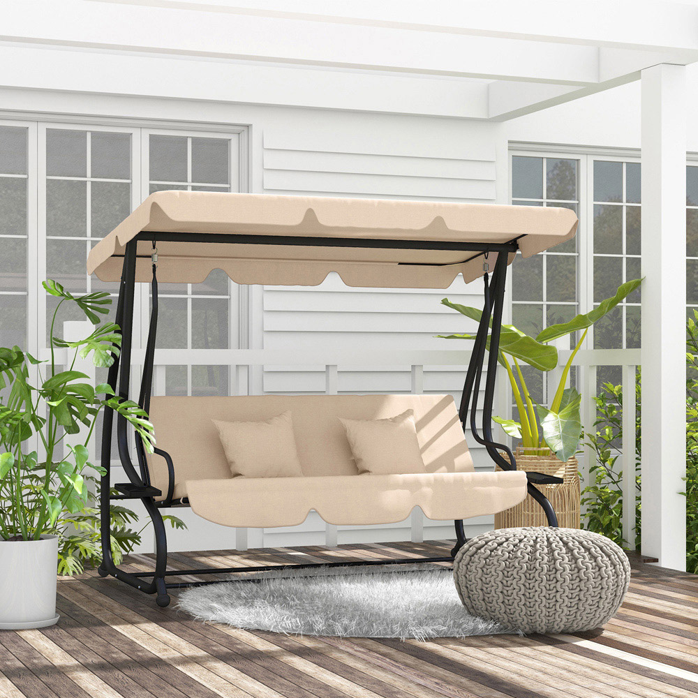 Outsunny 3 Seater Light Brown Garden Swing Chair with Adjustable Canopy Image 4