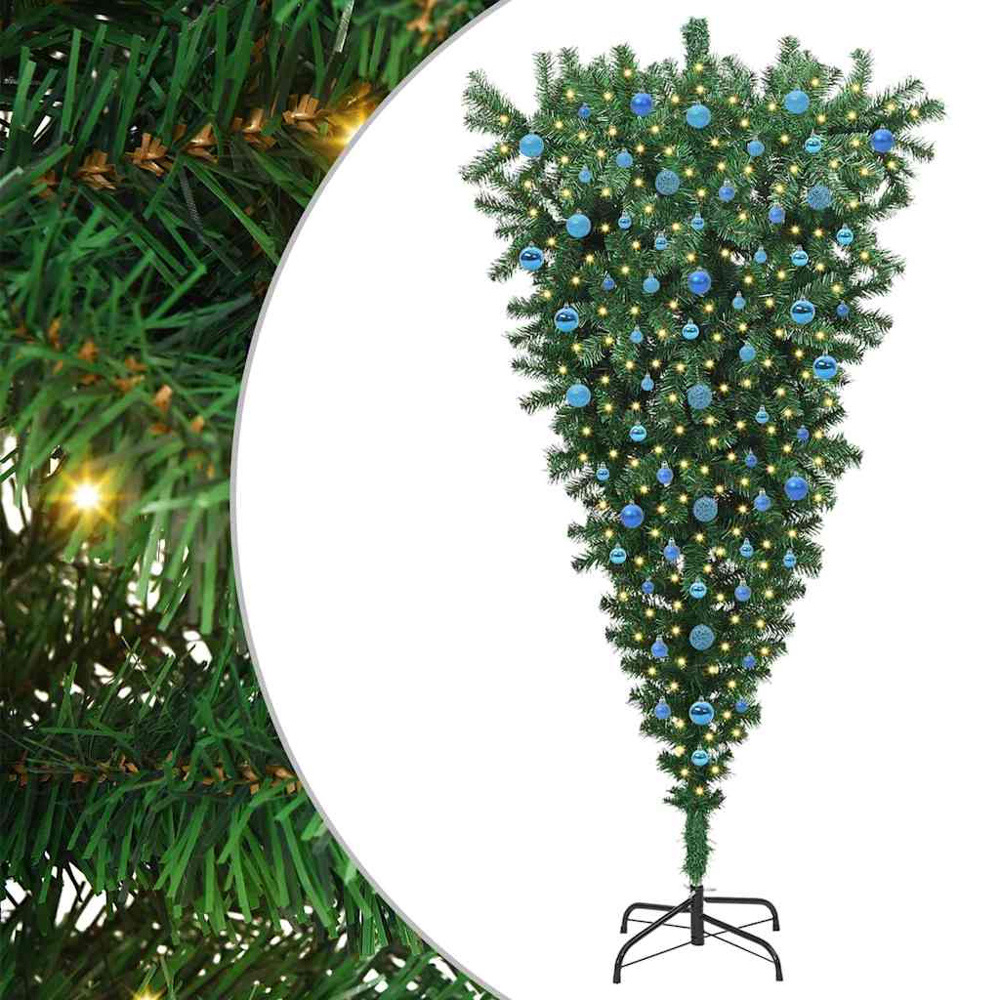 vidaXL Pre-Lit Blue Bauble Green Artificial Upside-Down Christmas Tree 7ft Image 6