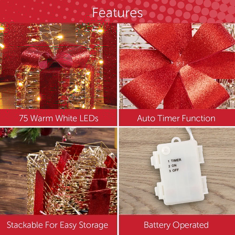 The Christmas Workshop 75 Warm White LED Gold and Red Gift Box Decoration Set of 3 Image 7