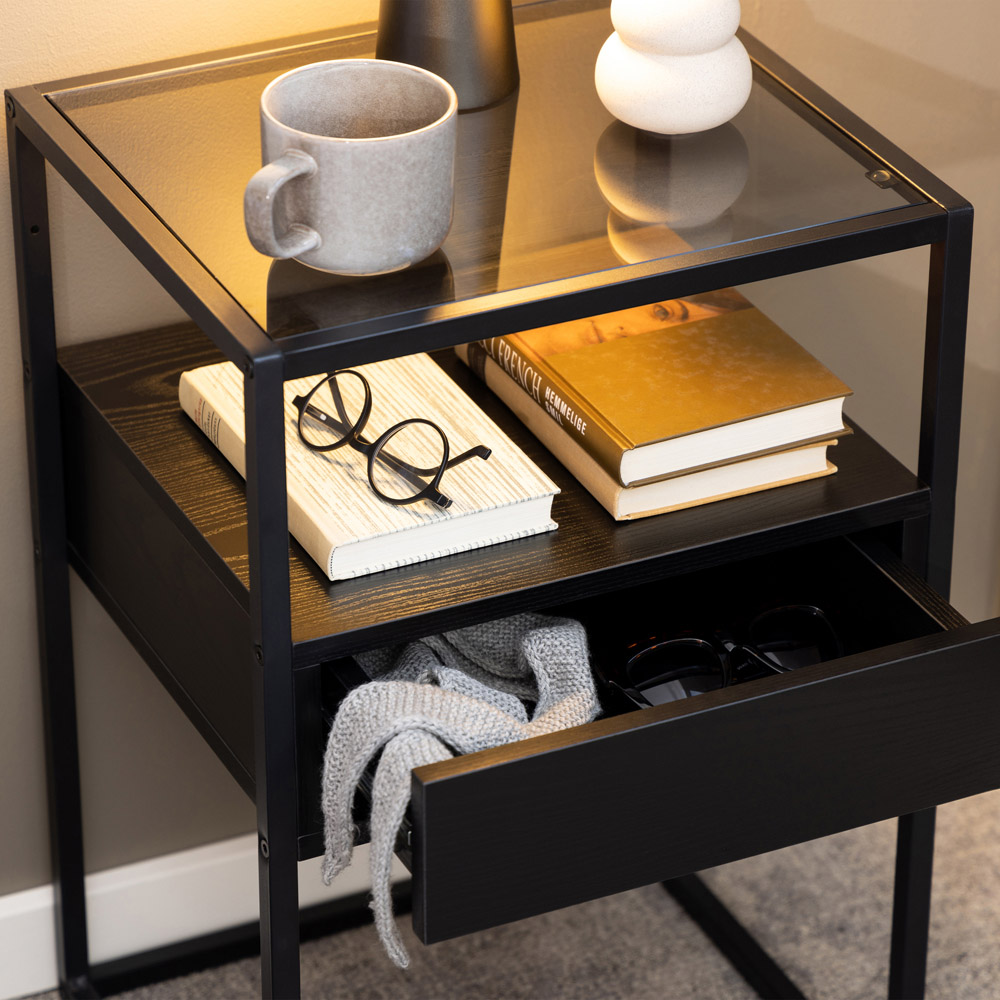 Florence Randolf Single Drawer Single Shelf Black Smoked Glass Bedside Table Image 8