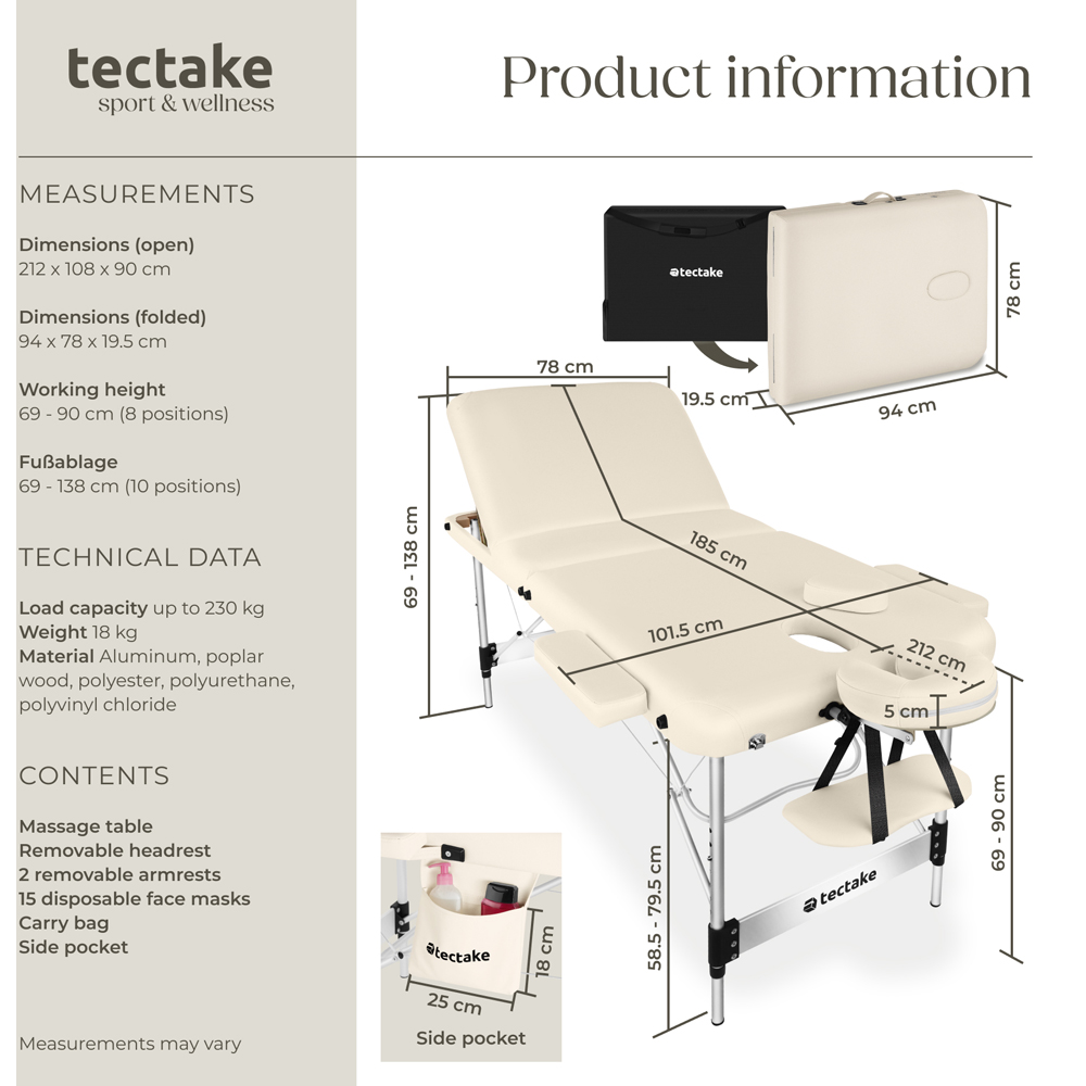 tectake Ko Tao Beige 3 Zone Aluminium Frame Foldable Massage Table with Carry Bag Image 9