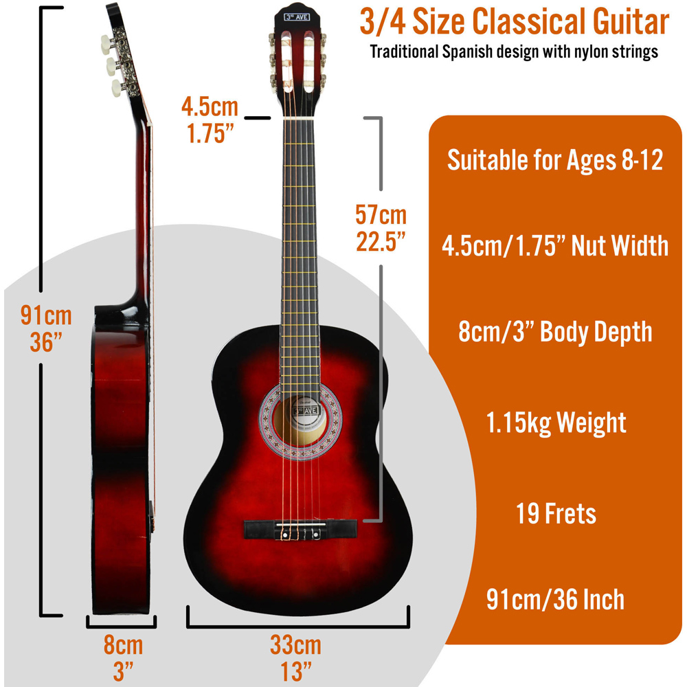 3rd Avenue Redburst Three Quarter Size Classical Guitar Set Image 6