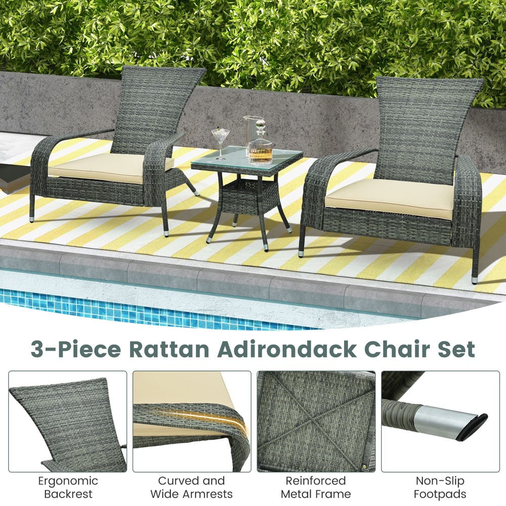Costway 2 Seater Wicker Adirondack Bistro Set with Cushion Beige Image 7