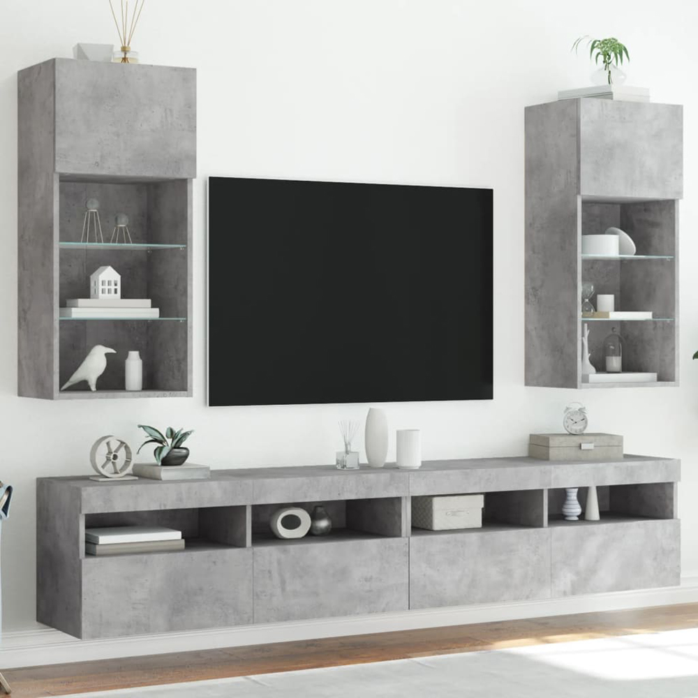 vidaXL 3 Glass Shelf Single Door Concrete Grey Wall Mounted TV Cabinet Set of 2 Image 1