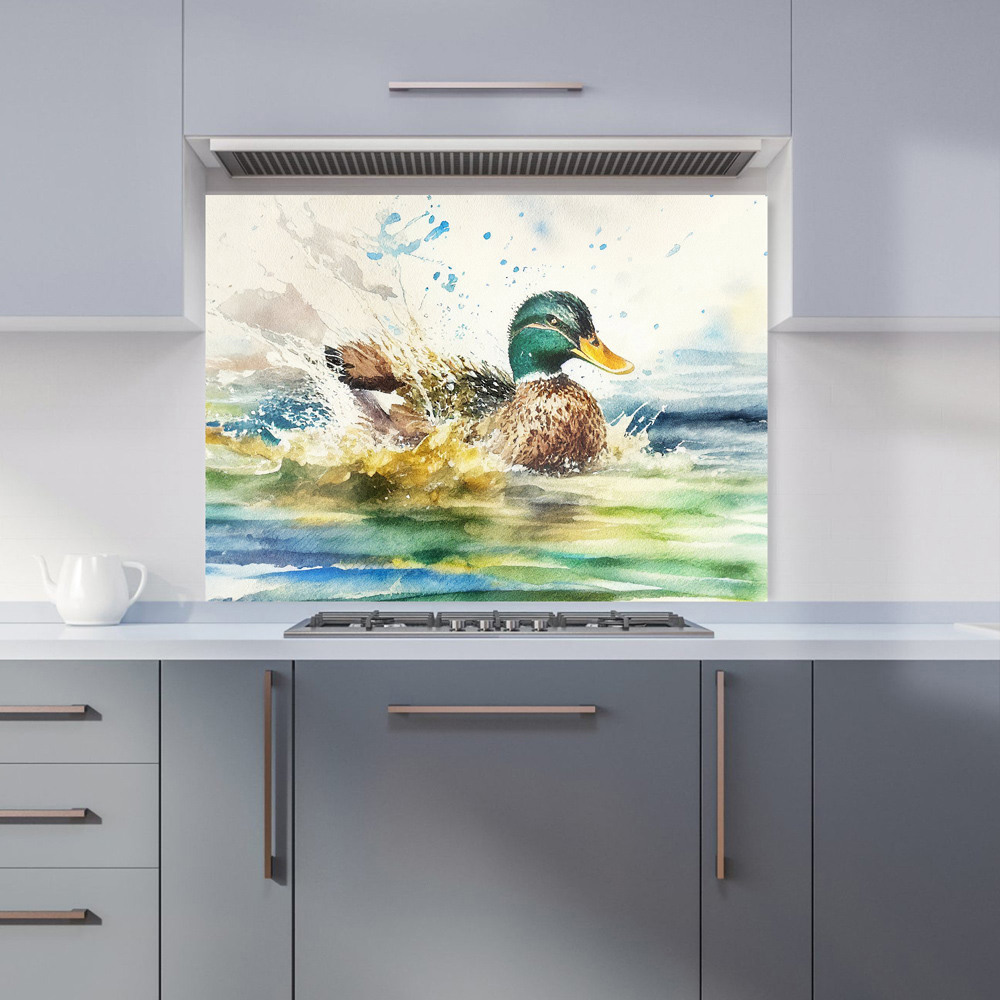 Warren Reed Designer Splashing Mallard Watercolour Glass Kitchen Splashback 65 x 90cm Image 1