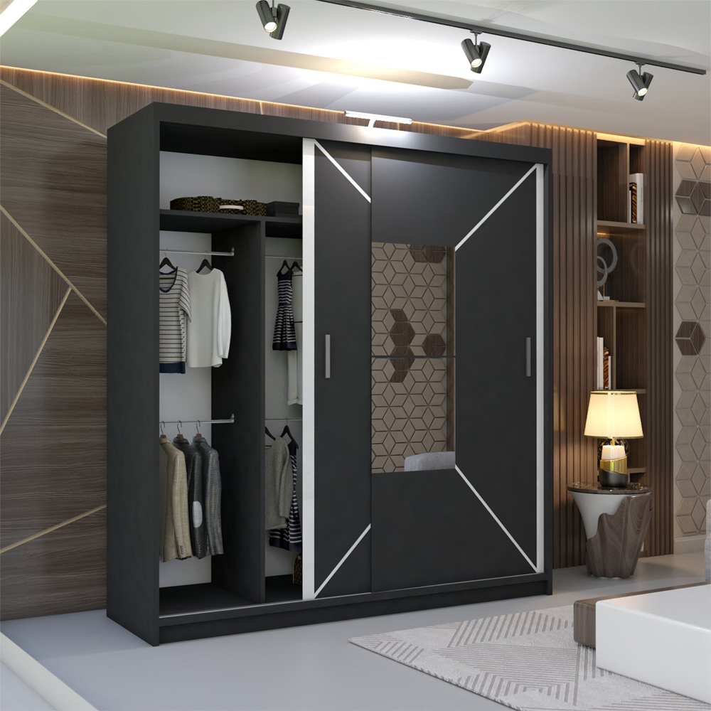 M N Furniture Nicle 2 Door Black Mirrored Sliding Wardrobe 203cm Image 3