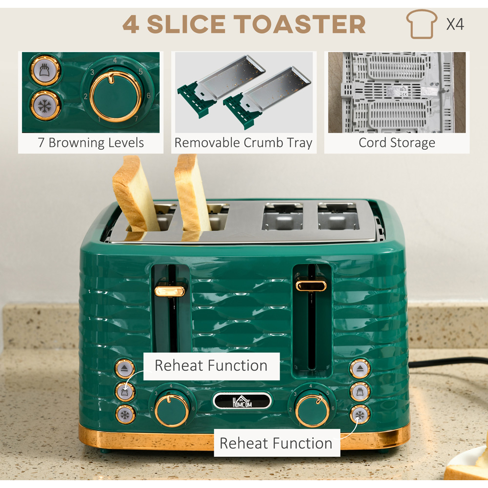 HOMCOM 800-162V70GN Green 1.7L Kettle and 4 Slice Toaster Set Image 5
