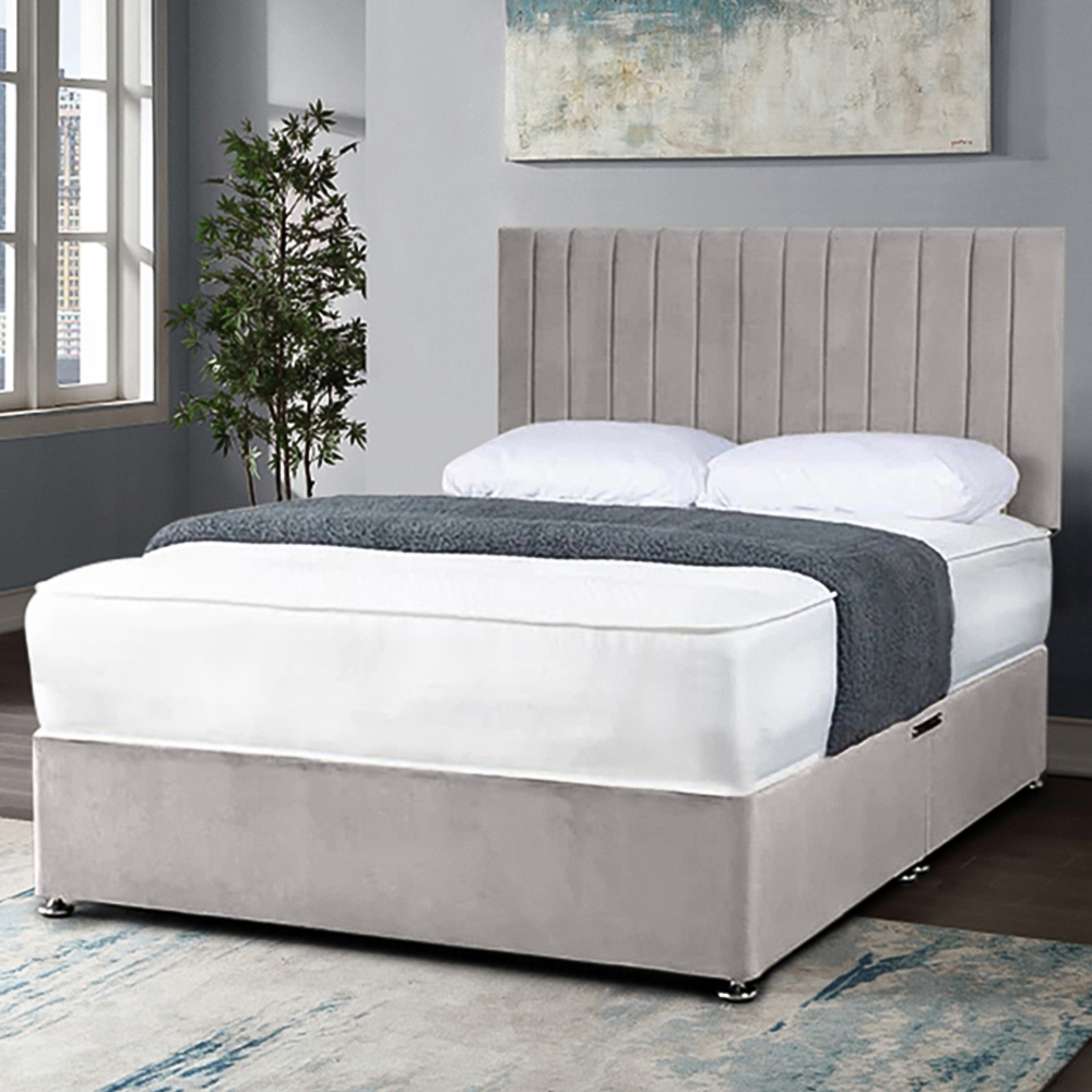 Eleganza Home Naptime Super King Size Silver Plush Divan Bed with Lined Headboard Image 1