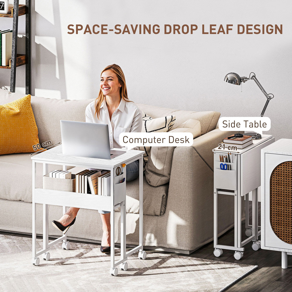 HOMCOM Single Shelf Foldable Computer Desk with Wheels and Side Bag White Image 4