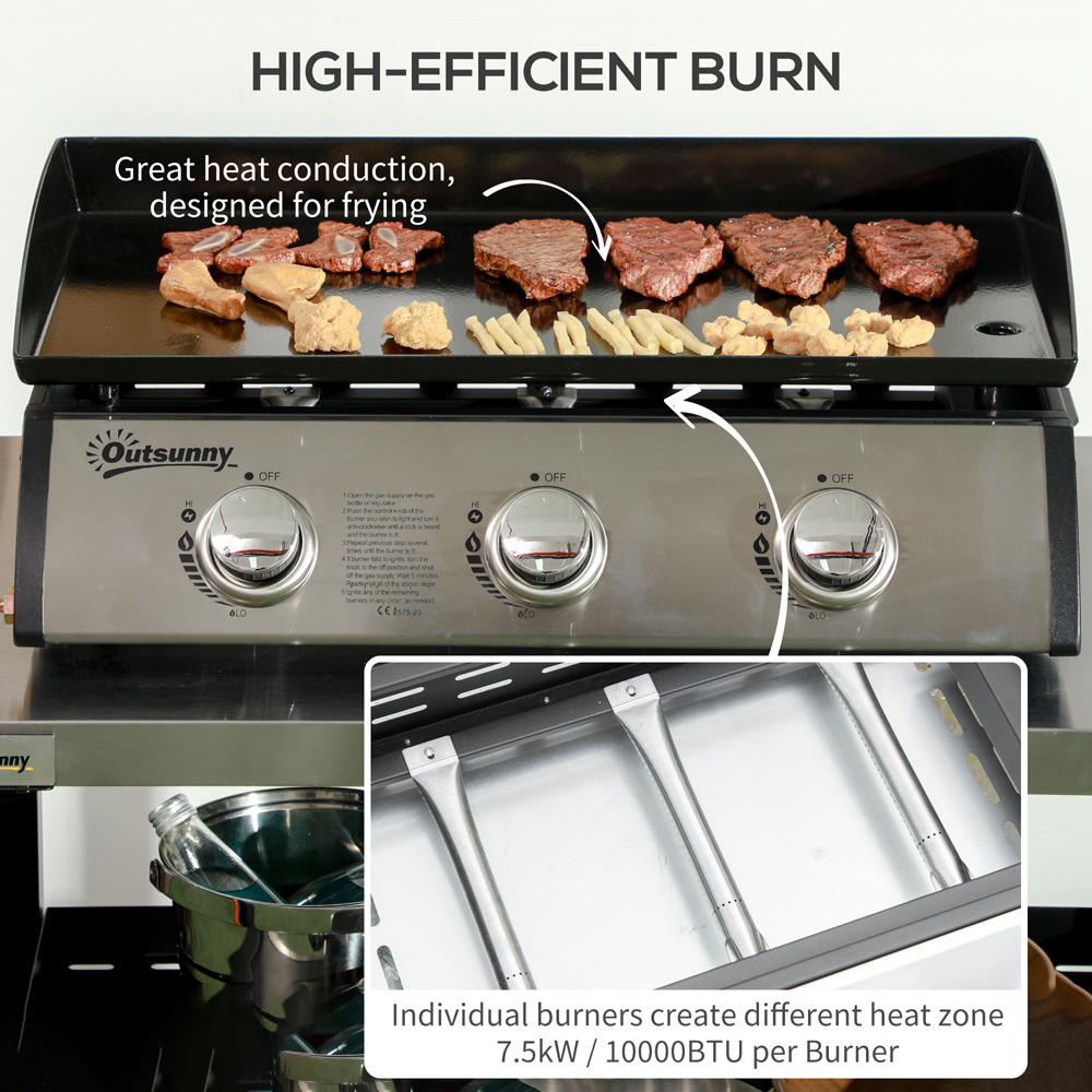 Outsunny Black 3 Burner Gas Plancha BBQ Grill Image 4