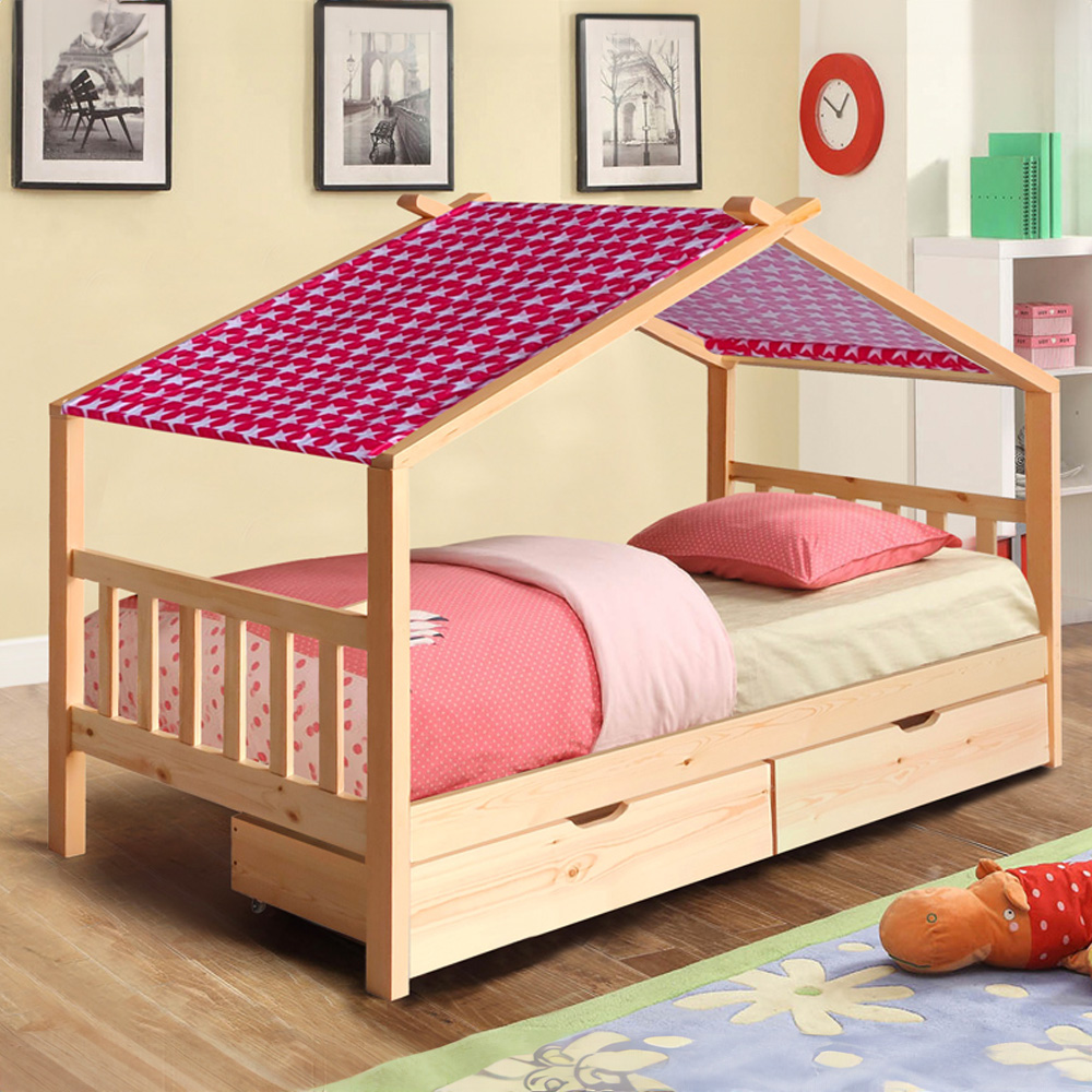 Brooklyn Single Natural Wooden House Storage Bed with Red Tent Image 1