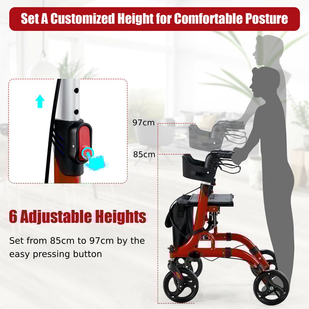 Costway 2 in 1 Red Adjustable Aluminium Walker with Seat Image 8
