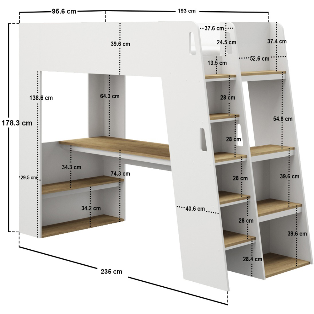 Flair Fern White and Oak High Sleeper Bed with Storage Staircase and Desk Image 6
